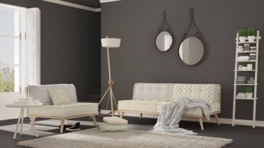 İskandinav oturma odası kanepe, koltuk ve yumuşak kürk halı, 