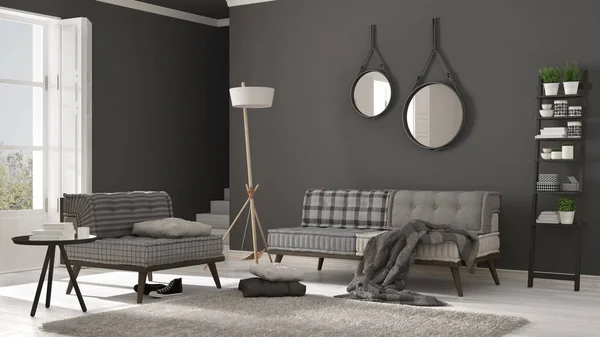 Skandynawski salon z kanapą, fotelem i miękkie futro dywan, — Zdjęcie stockowe