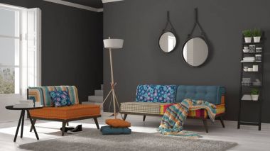 Renkli kanepe, koltuk ve yumuşak İskandinav oturma odası 