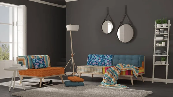 Sala de estar escandinava con sofá colorido, sillón y suave — Foto de Stock