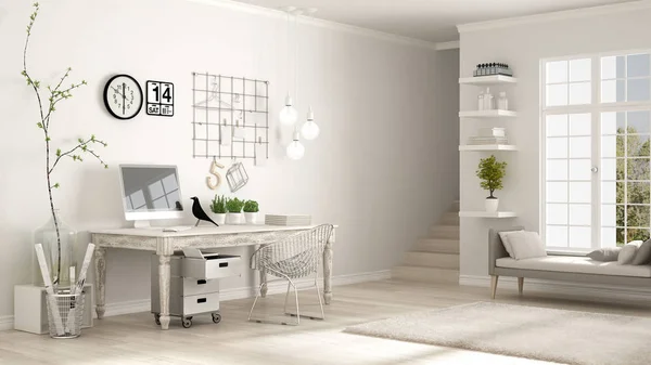 Heimarbeitsplatz, skandinavisches weißes Zimmer, Eckbüro, klassisch — Stockfoto