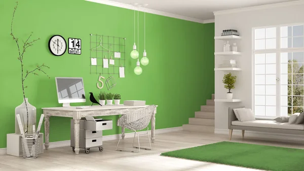 Home workplace, scandinavian white and green room, corner office — Stock Photo, Image