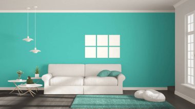 Minimalist Oda, basit beyaz, gri ve BI ile yaşayan turkuaz