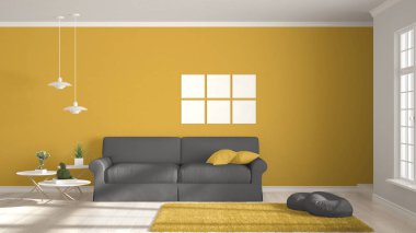 Minimalist Oda, basit beyaz, gri ve büyük w ile yaşayan sarı