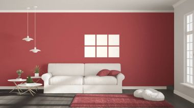 Minimalist Oda, basit beyaz, gri ve kırmızı büyük rüzgar ile yaşayan