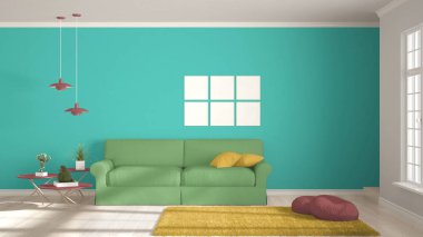 Minimalist Oda, basit beyaz, büyük pencere ile yaşayan renkli, 