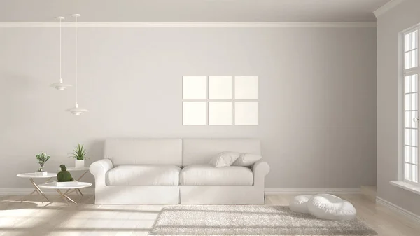 Minimalistisches Zimmer, einfaches weißes Wohnen mit großem Fenster, skandinavisch — Stockfoto