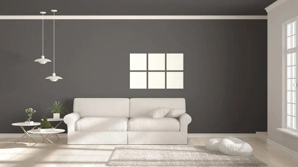 Quarto minimalista, simples branco e cinza vivendo com grande janela, s — Fotografia de Stock