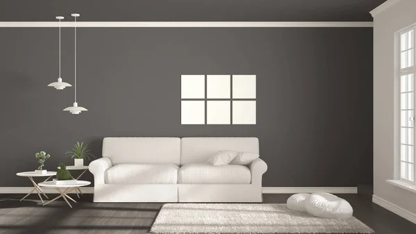 Minimalistyczny pokój, prosty biały i szary, żyjących z dużym oknem, s — Zdjęcie stockowe