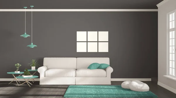 Minimalistisches Zimmer, einfaches weißes, graues und türkisfarbenes Wohnen mit — Stockfoto