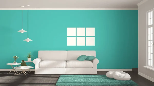 Chambre minimaliste, simple blanc, gris et turquoise vivant avec bi — Photo