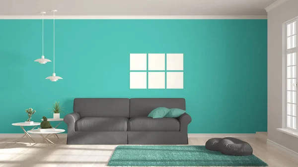 Minimalistisches Zimmer, einfaches weißes, graues und türkisfarbenes Wohnen mit — Stockfoto