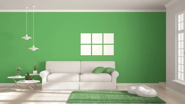 Quarto minimalista, simples branco e verde vivendo com grande janela , — Fotografia de Stock