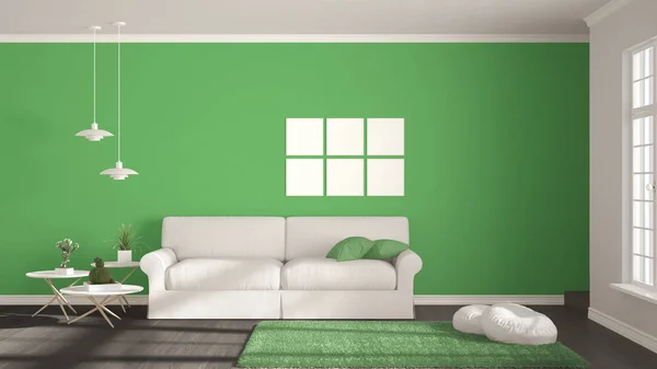 Quarto minimalista, branco simples, cinza e verde vivendo com grande wi — Fotografia de Stock