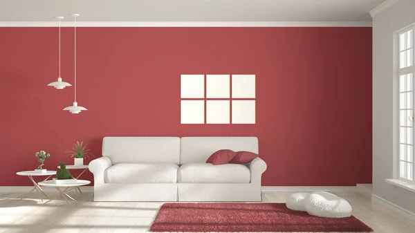 Chambre minimaliste, simple séjour blanc et rouge avec grande fenêtre, sc — Photo