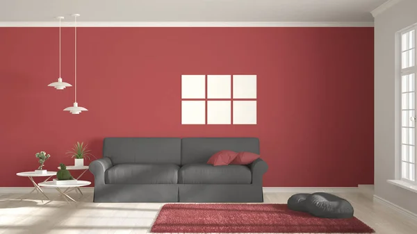 Quarto minimalista, branco simples, cinza e vermelho vivendo com vento grande — Fotografia de Stock