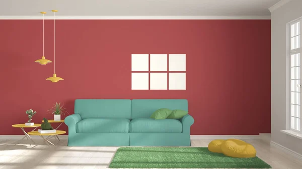 Chambre minimaliste, simple blanc, vie colorée avec grande fenêtre , — Photo