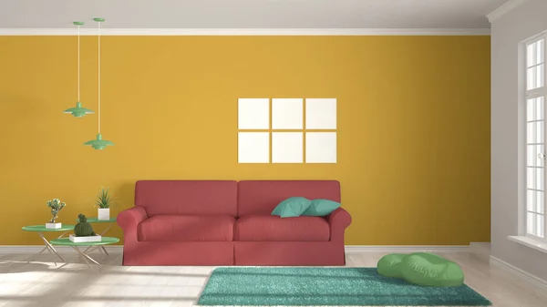 Quarto minimalista, branco simples, vida colorida com grande janela , — Fotografia de Stock