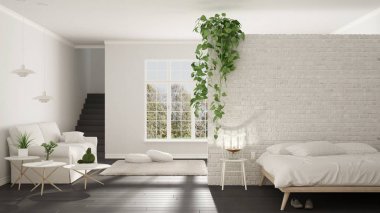 Yatak Odası, yaşayan İskandinav beyaz ve gri minimalist açın