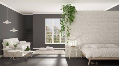 Yatak Odası, yaşayan İskandinav beyaz ve gri minimalist açın