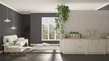 İskandinav beyaz ve gri minimalist mutfakla yaşıyor, açık