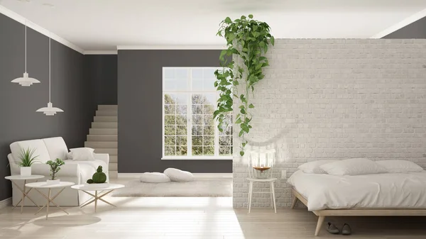 Soggiorno minimalista scandinavo bianco e grigio con camera da letto, aperto — Foto Stock