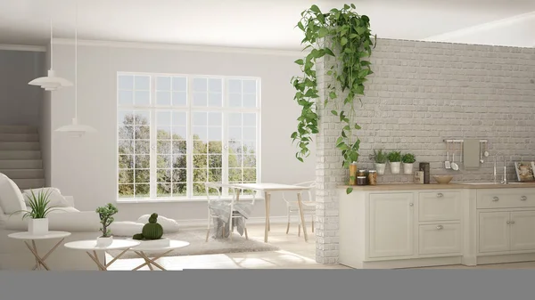 Skandynawski biały minimalista mieszka z kuchnią, otwartej przestrzeni, o — Zdjęcie stockowe