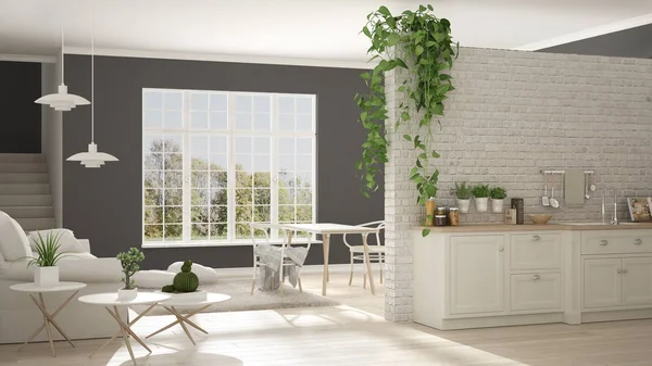 Skandynawski biały i szary minimalistyczny życia z kuchnią, otwarte — Zdjęcie stockowe