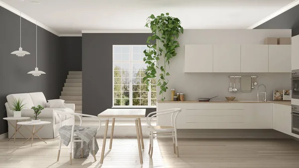 Vivere minimalista bianco scandinavo con cucina, open space, o — Foto Stock