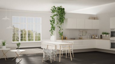 İskandinav beyaz minimalist mutfak, açık alan, o