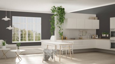 İskandinav beyaz minimalist mutfak, açık alan, o