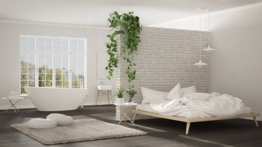 İskandinav beyaz minimalist banyo ve yatak odası, açık alan, 