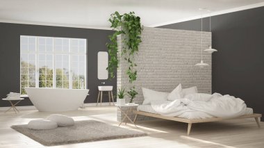 İskandinav beyaz minimalist banyo ve yatak odası, açık alan, 