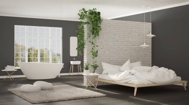 İskandinav beyaz minimalist banyo ve yatak odası, açık alan, 