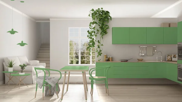 Скандинавський зелений мінімаліст живе з кухнею, відкритим простором, о — стокове фото
