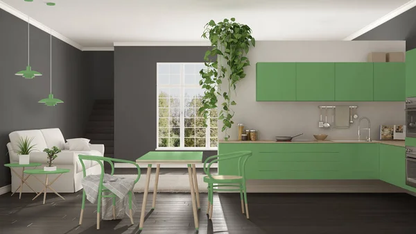 Skandynawski zielony minimalistyczny życia z kuchnią, otwartej przestrzeni, o — Zdjęcie stockowe