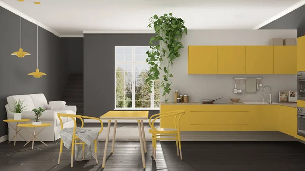 Skandynawski żółty minimalista żyjący z kuchnią, otwarta przestrzeń, — Zdjęcie stockowe