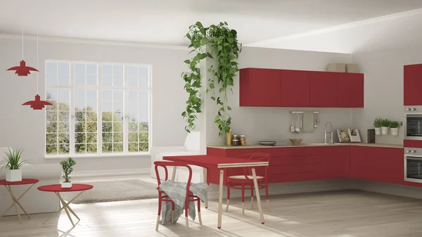 Escandinavo vida minimalista rojo con cocina, espacio abierto, uno — Foto de Stock
