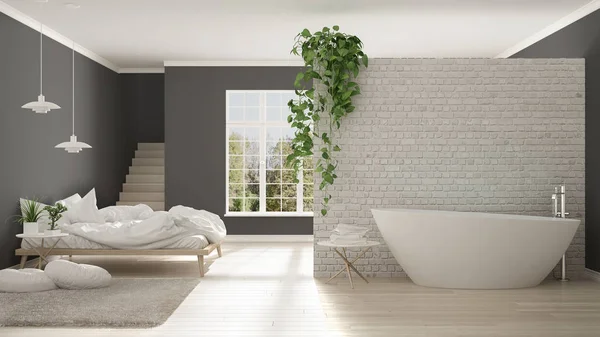 Скандальная белая минималистская ванная и спальня, открытое пространство, — стоковое фото