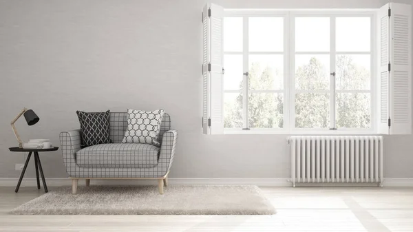 Minimalist oturma odası, büyük pencereli, ani kalp durması yaşayan basit beyaz