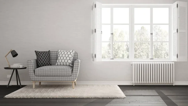 Minimalist oturma odası, basit beyaz ve gri büyük wi ile yaşayan