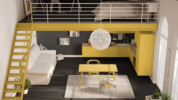 Loft minimalista escandinavo, apartamento de um quarto com kit amarelo — Fotografia de Stock