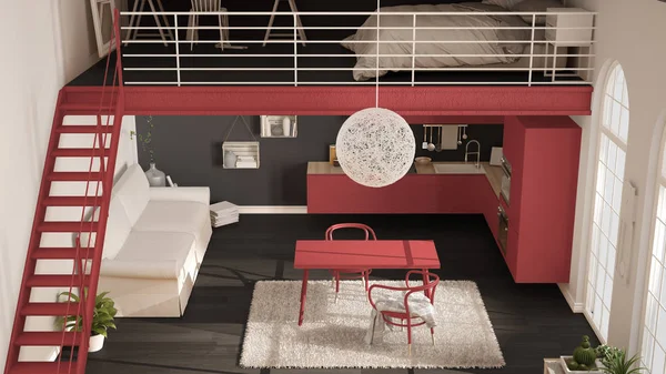 Scandinavian minimalist loft, one-room apartment with red kitche