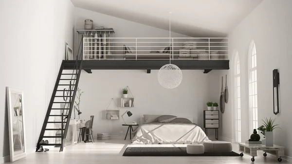 Scandinavische witte minimalistische loft slaapkamer met kantoor aan huis, cla — Stockfoto