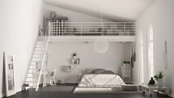 Scandinavian white minimalist loft bedroom with home office, cla