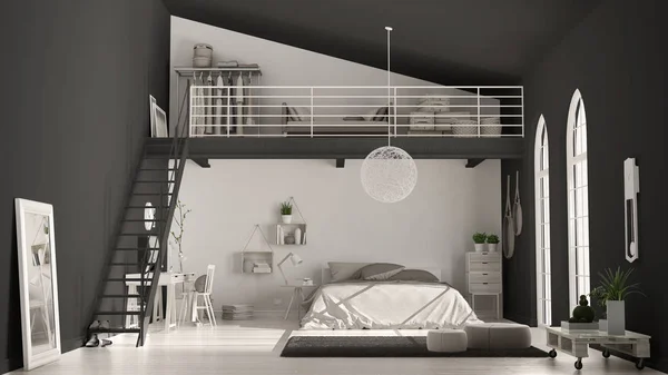 Scandinavian minimalist loft bedroom with home office, dark blac