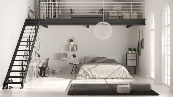 Scandinavian white minimalist loft bedroom with home office, cla