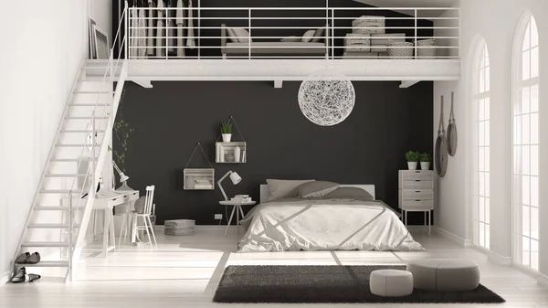 Skandinávském minimalistickém podkroví ložnice s domácí kanceláři, tmavě blac — Stock fotografie