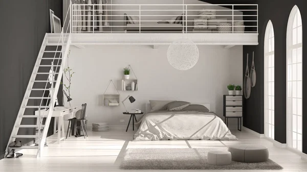 Scandinavische minimalistische loft slaapkamer met kantoor aan huis, donkere zwart — Stockfoto
