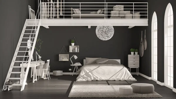 Scandinavian minimalist loft bedroom with home office, dark blac